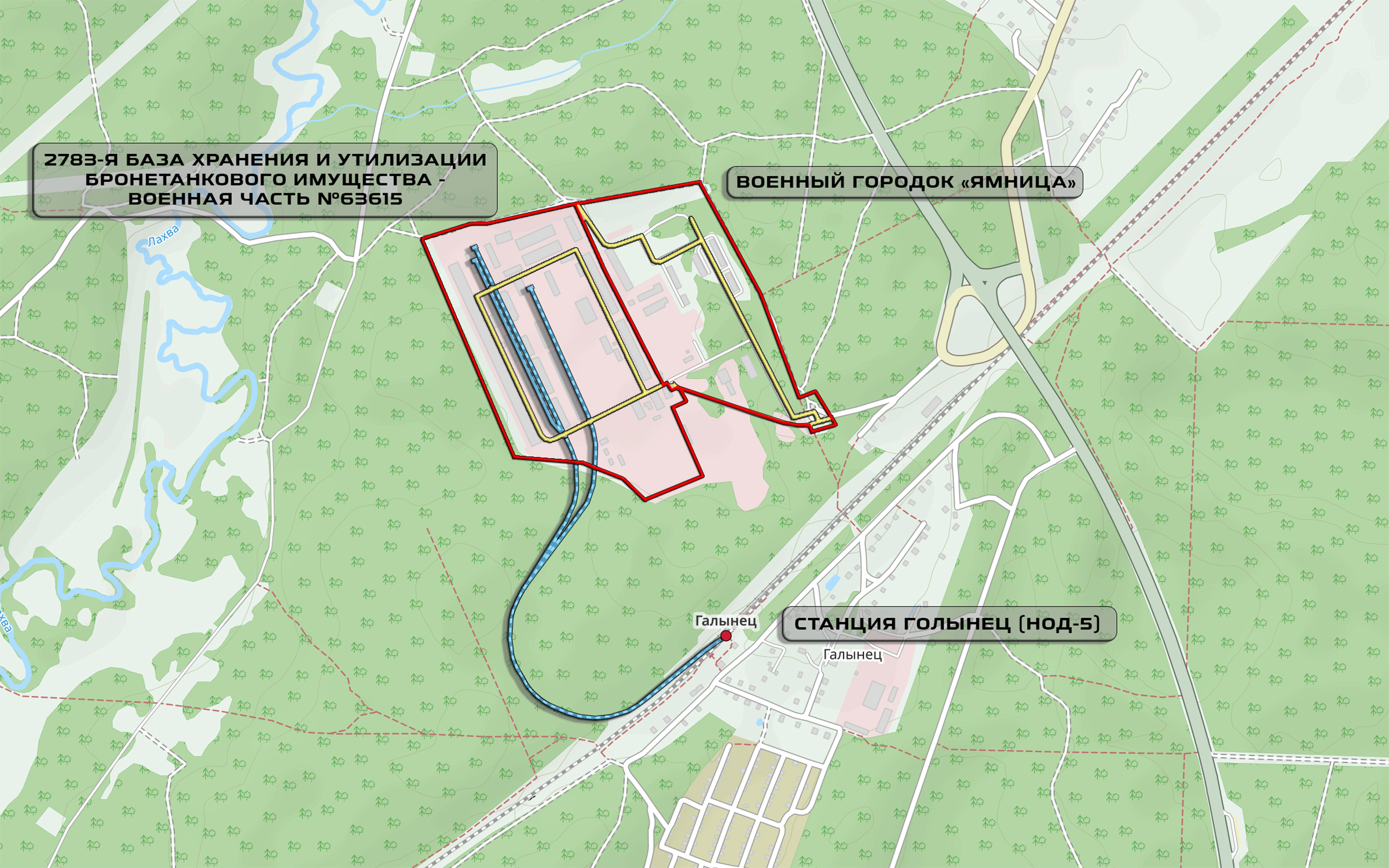 Location diagram of Military Unit 63615 near Golynets station (Mogilev Division of the Belarusian Railway)