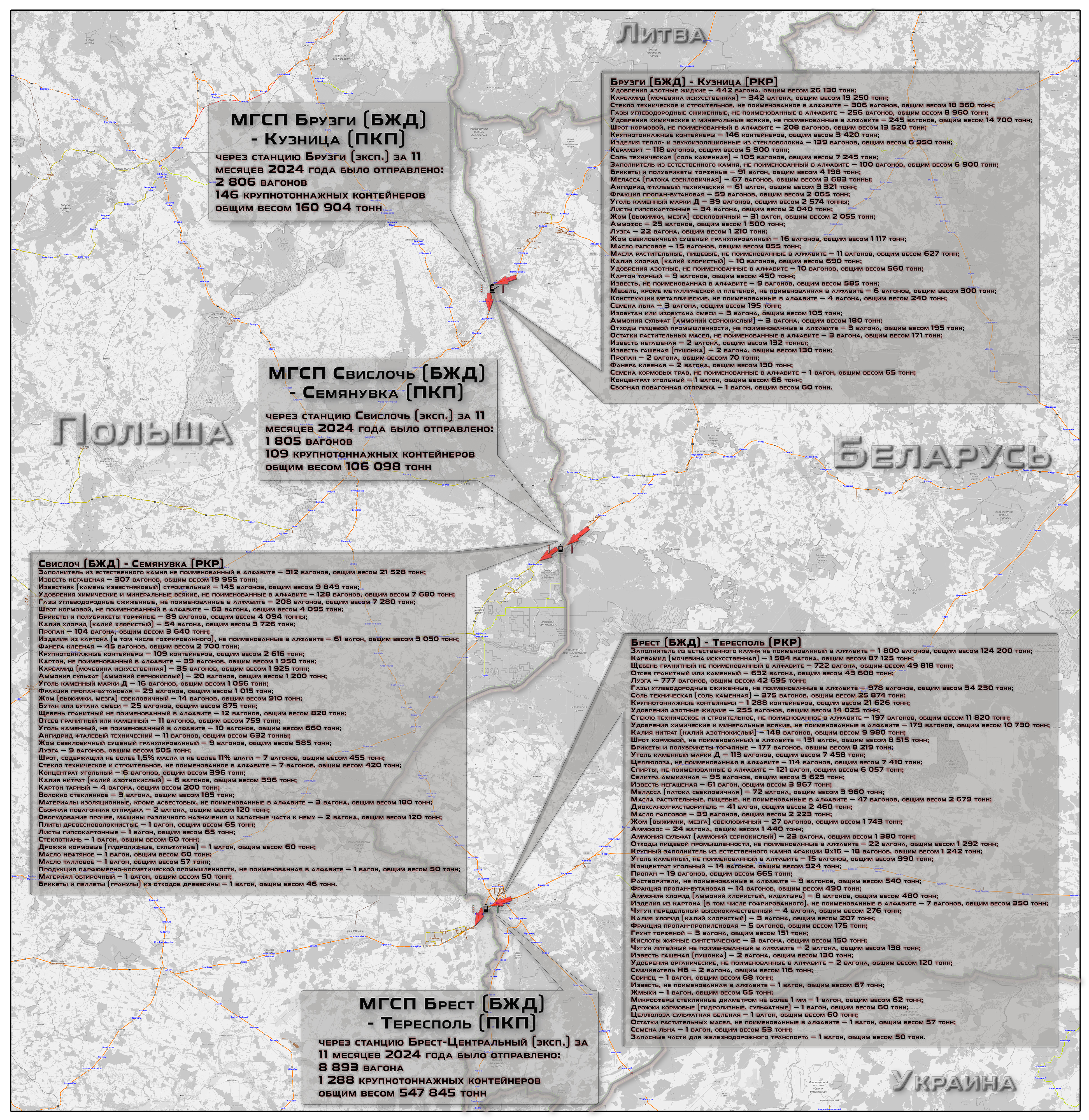 Map of Belarusian–Polish railway border crossings, with volumes and types of cargo exported in the first 11 months of 2024