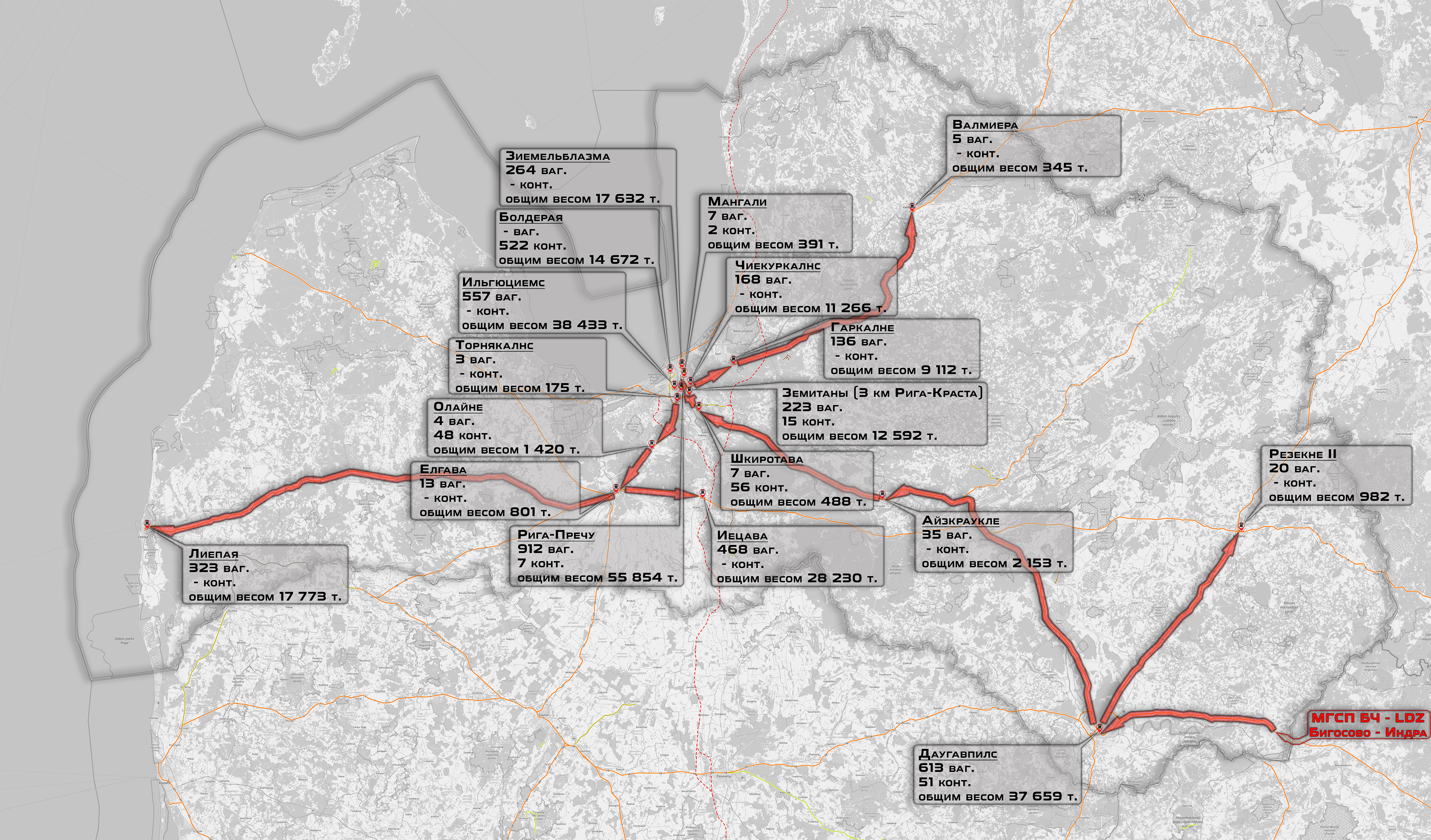 Destination stations and volumes of Belarusian cargo exports to the Latvian domestic market in the first nine months of 2024
