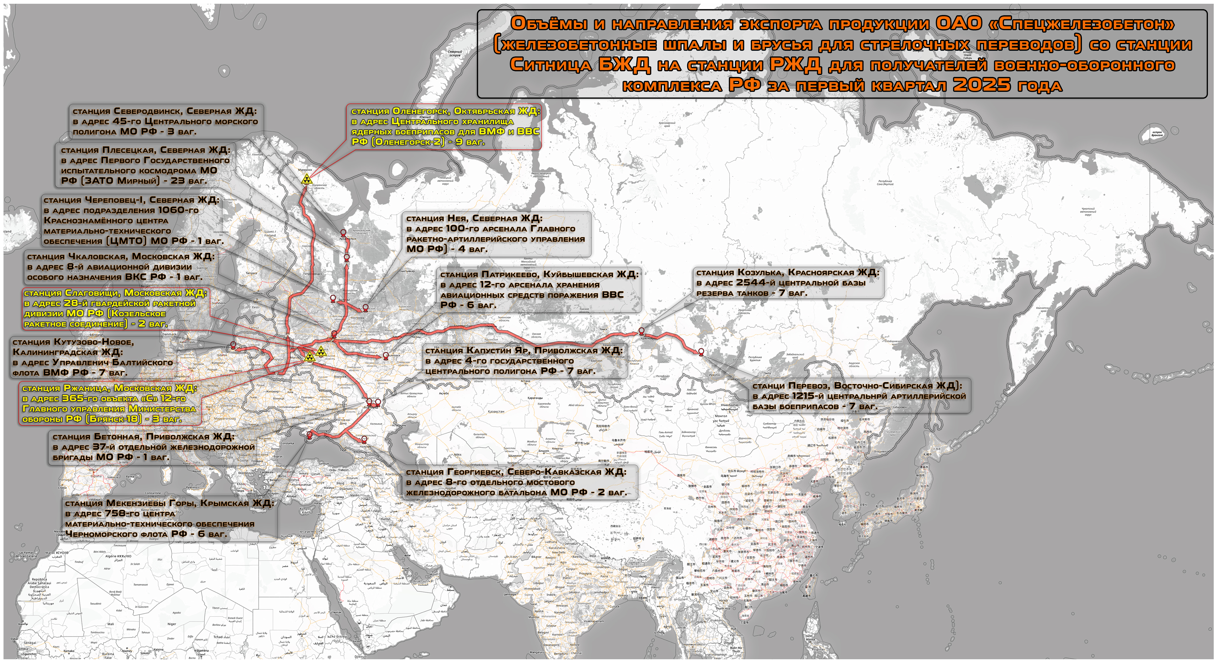 Schematic map of Belarusian export deliveries and volumes of Spetszhelezobeton OJSC products supplied to Russian Ministry of Defence facilities in Q1 2025