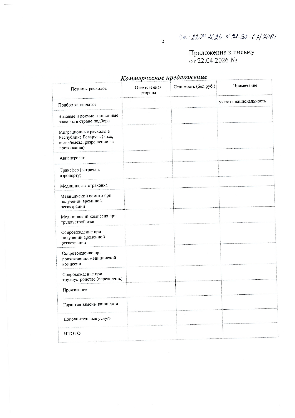 Запрос Минского отделения БЖД в ООО «Станопринт» о возможности подбора трудовых мигрантов на должности мойщиков-уборщиков подвижного состава, станционных рабочих и монтёров пути (Страница 2 из 2)