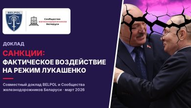 Обложка доклада BELPOL и Сообщества железнодорожников Беларуси «Санкции: фактическое воздействие на режим Лукашенко», март 2026